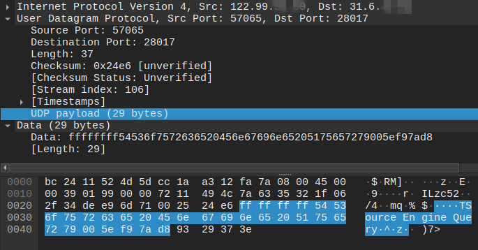 Source Engine Query Flood 패킷 덤프