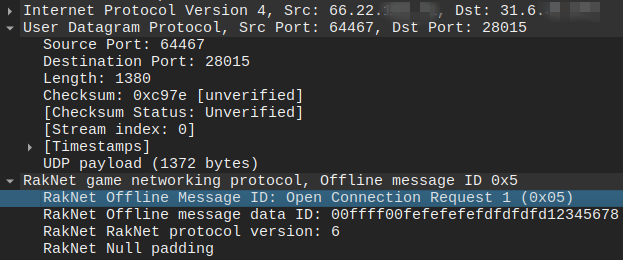 RakNet Open Connection Flood 패킷 덤프